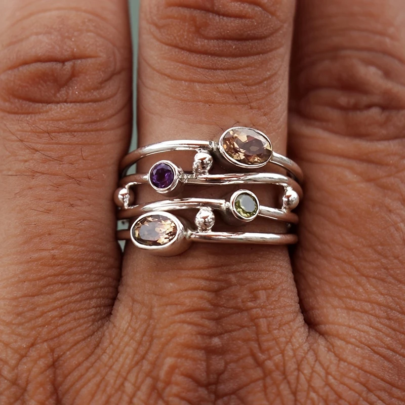 Huitan Bohemia Style Multi-layered Colorful Cubic Zirconia Finger Ring for Women Silver Color Daily Party Gift Statement Jewelry