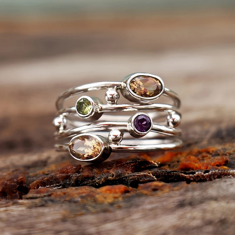 Huitan Bohemia Style Multi-layered Colorful Cubic Zirconia Finger Ring for Women Silver Color Daily Party Gift Statement Jewelry