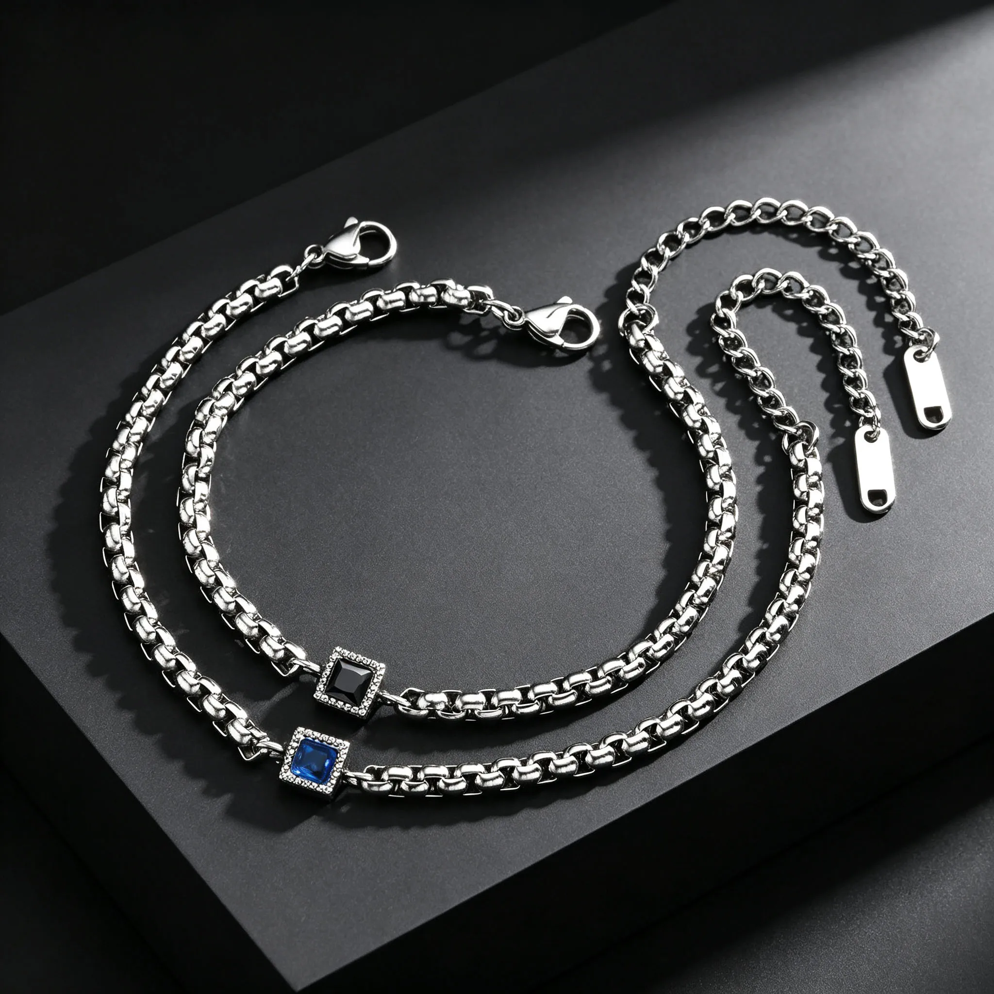 Men's Zircon Charm Bracelet, 4mm Square Chain Stainless Steel Bracelets, Fashion Waterproof Jewelry Gift for Men