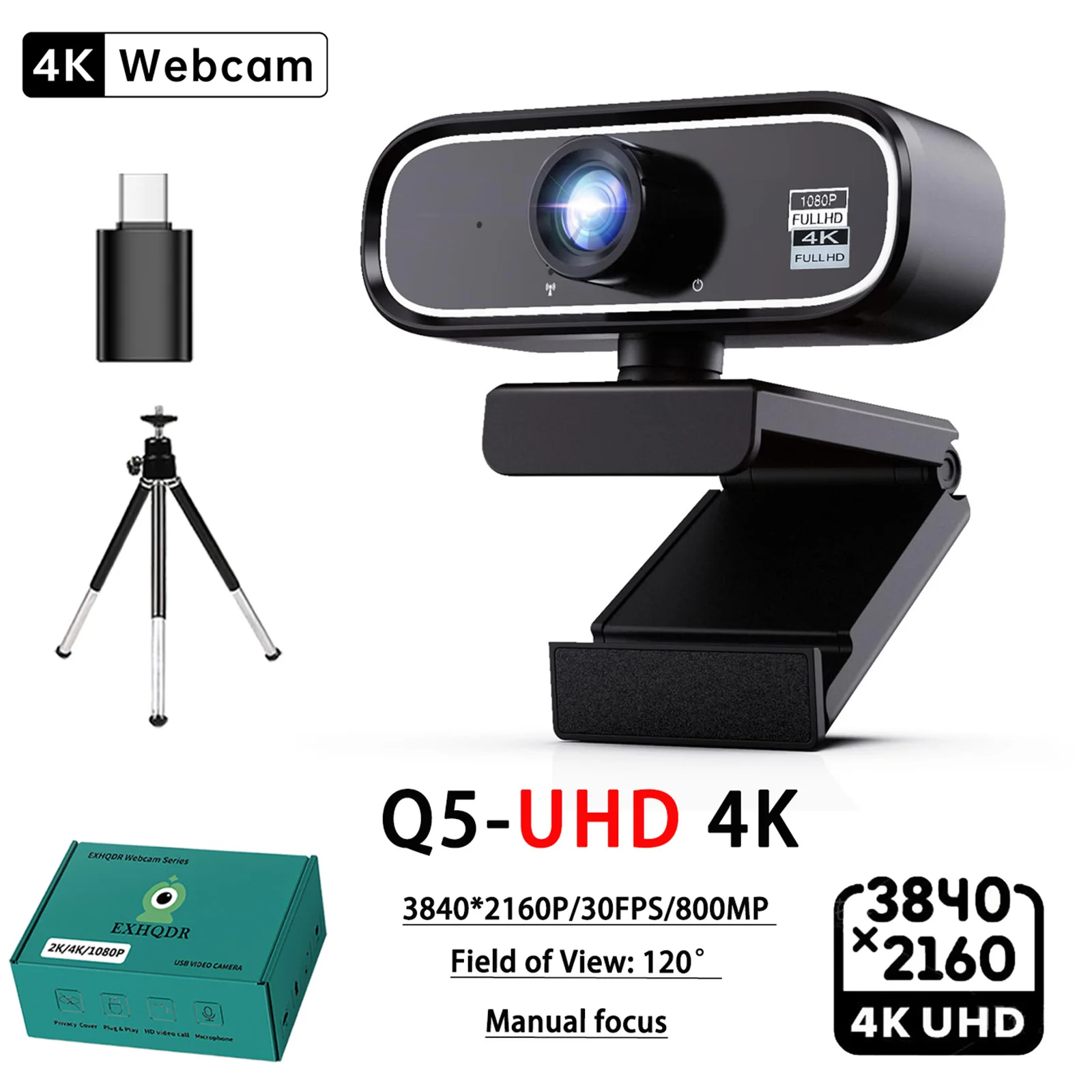 EXHQDR UHD 4K USB Webcam, New Upgraded Model with 120° Wide-Angle Lens and Manual Focus. This Plug-and-Play Computer Peripheral