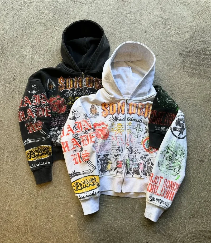 Zipper Hoodie Y2k American Fashion Personalized Anime Printed Retro Gothic Dark Style Oversized Sportswear Street Top