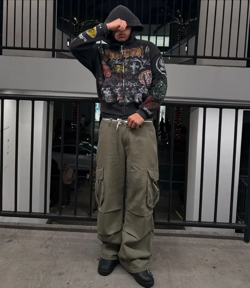 Zipper Hoodie Y2k American Fashion Personalized Anime Printed Retro Gothic Dark Style Oversized Sportswear Street Top