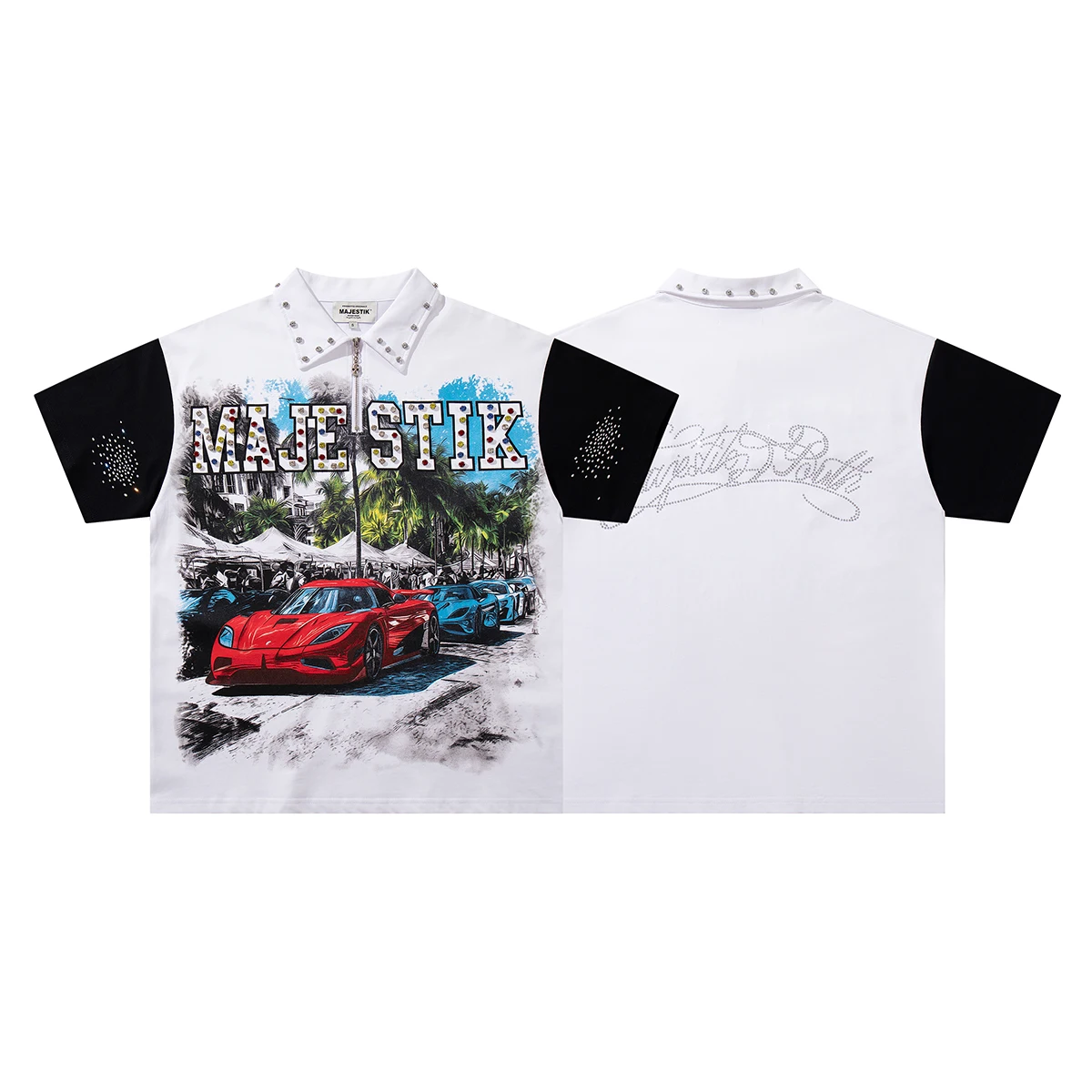 Contrast Color Car Letter Print Polo Tshirts for Men and Women Shinning Diamond Cotton Loose Summer Tshirts Oversized