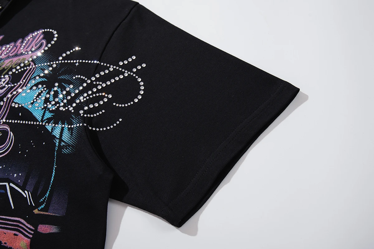 Contrast Color Car Letter Print Polo Tshirts for Men and Women Shinning Diamond Cotton Loose Summer Tshirts Oversized