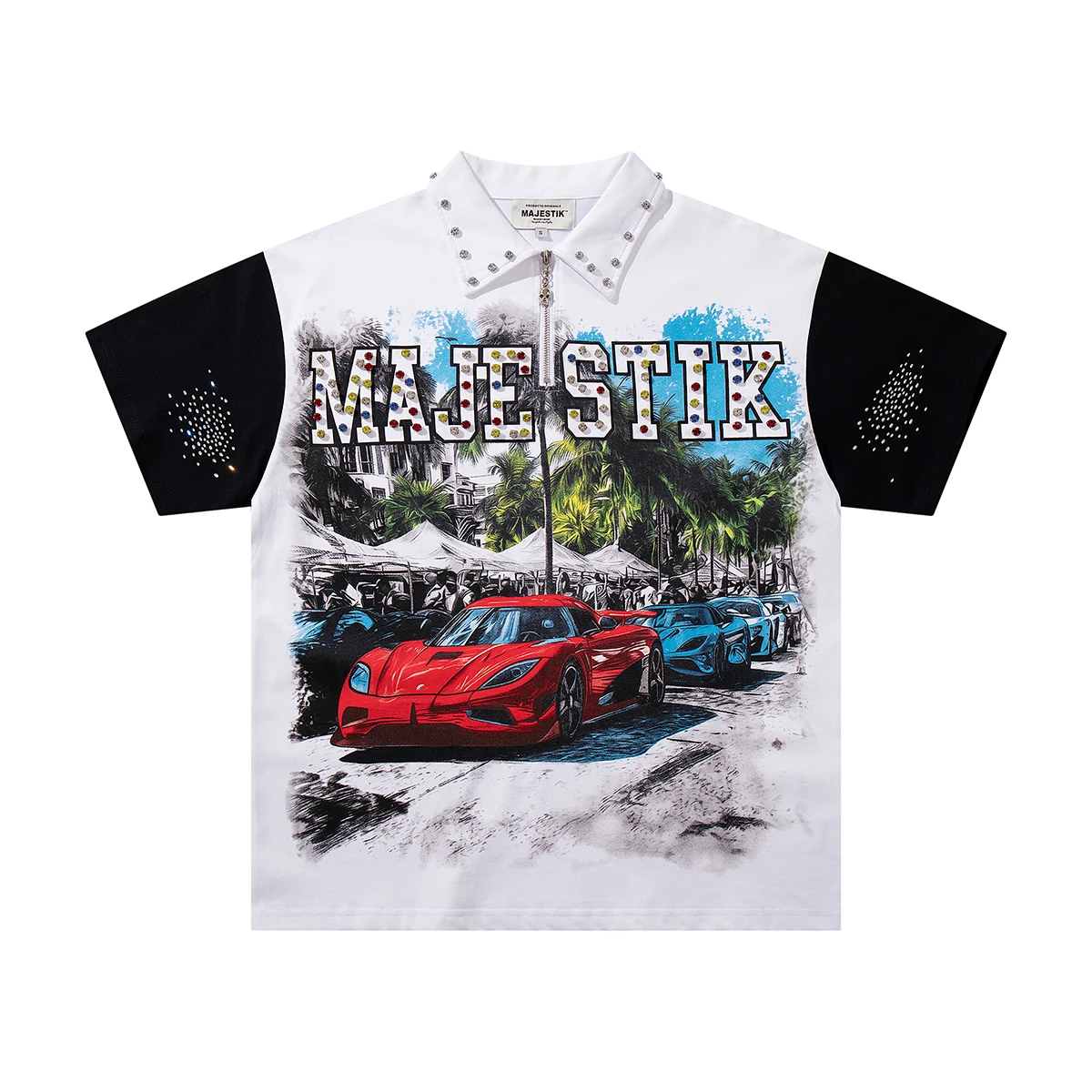 Contrast Color Car Letter Print Polo Tshirts for Men and Women Shinning Diamond Cotton Loose Summer Tshirts Oversized
