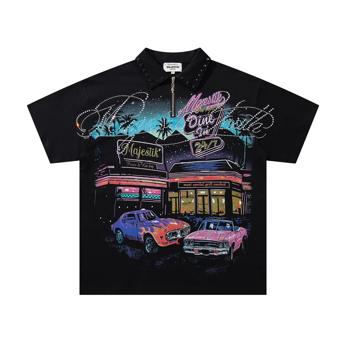 Contrast Color Car Letter Print Polo Tshirts for Men and Women Shinning Diamond Cotton Loose Summer Tshirts Oversized