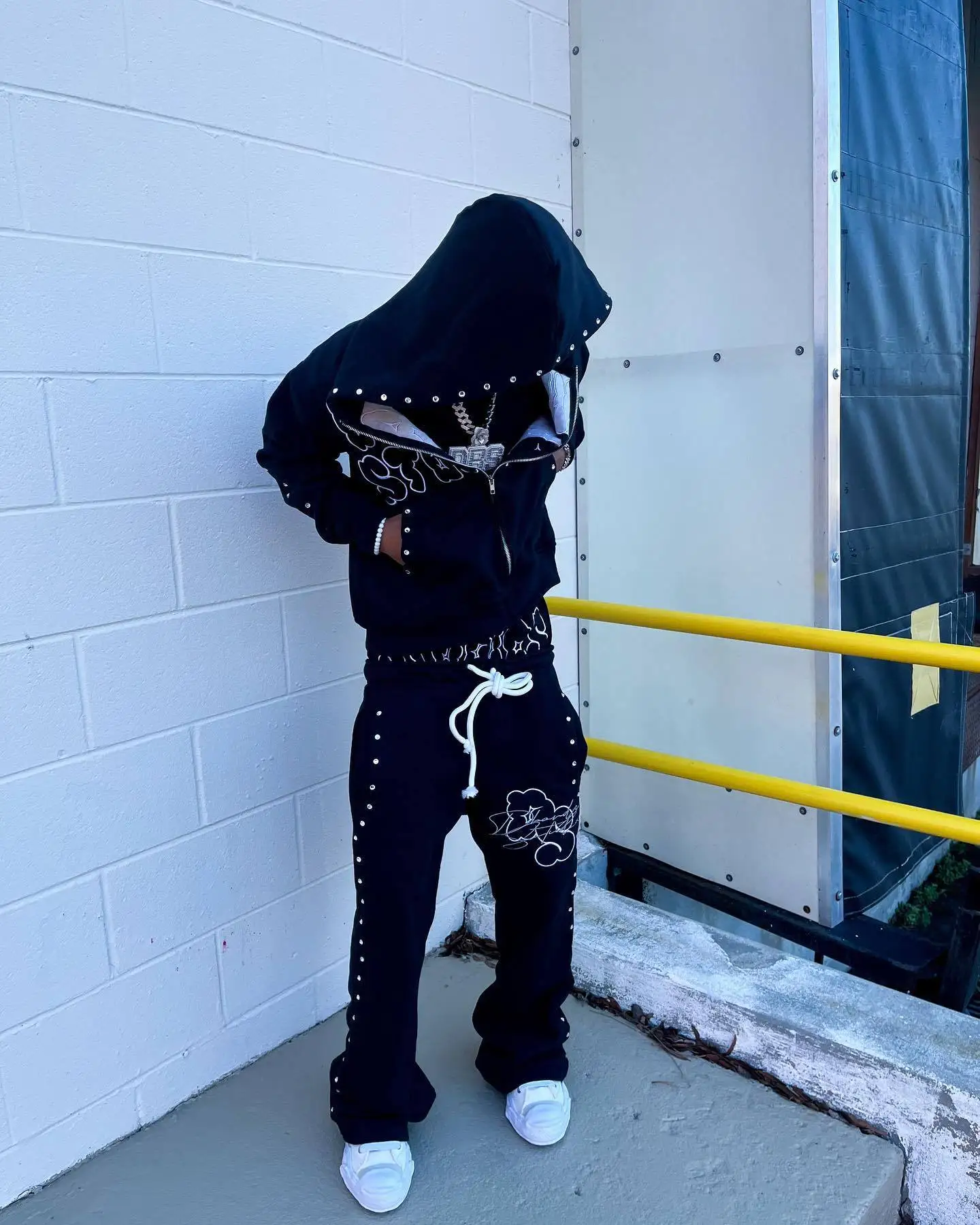 American Style Street Fashion Printed Rhinestone Hoodie, Casual Pants, Fake Two-Piece Men's and Women's High Street Hoodies