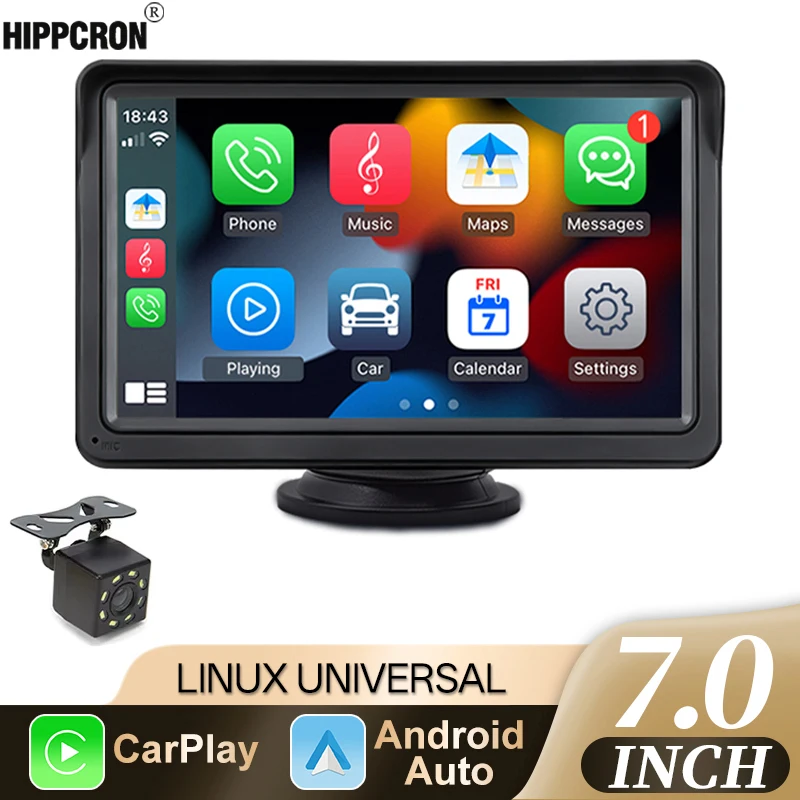 Hippcron 7inch Car Radio Wireless Carplay And Wireless Android Auto Touch Screen Multimedia Video Player With AUX USB For Camera