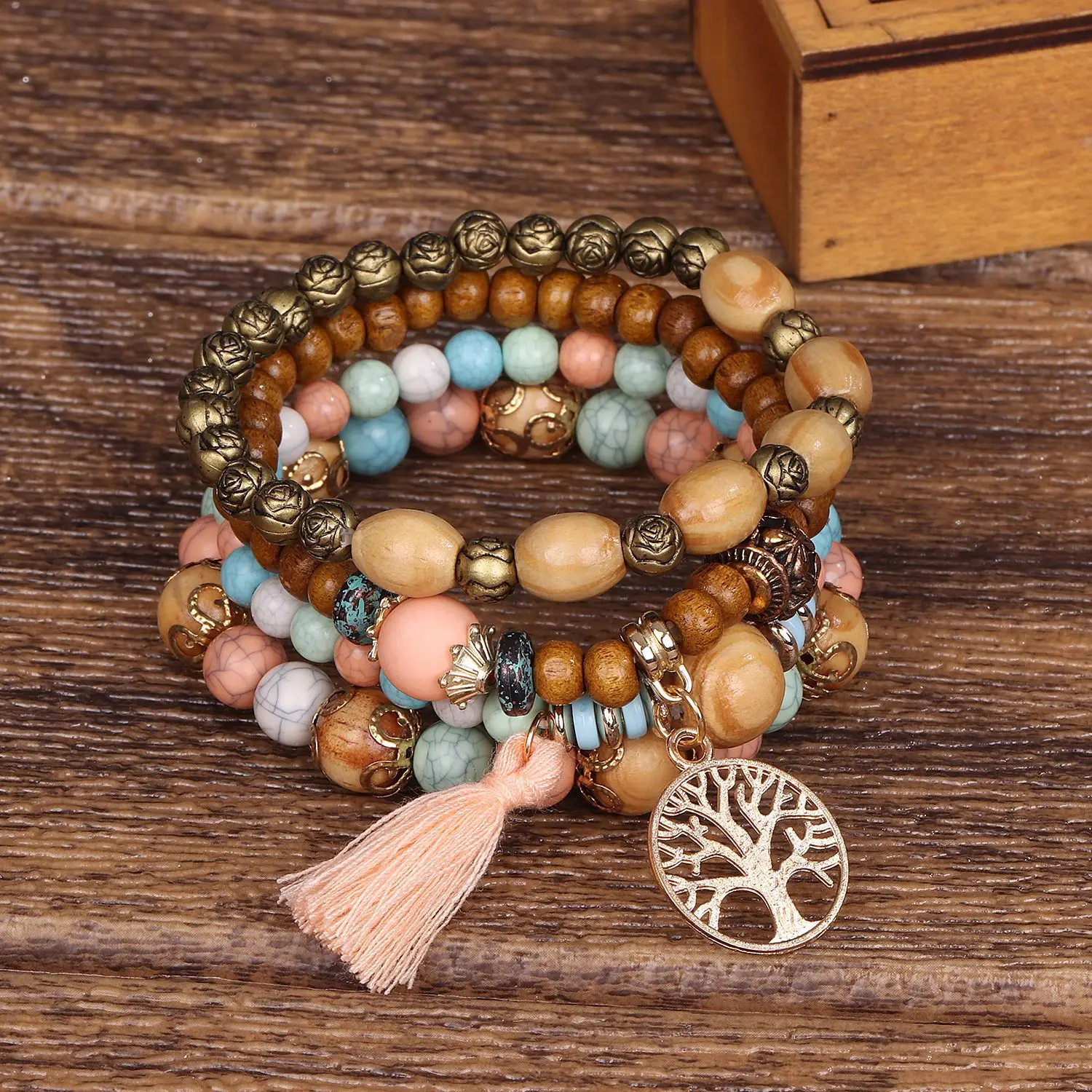 4Pcs Bohemia Tree Of Life Charm Beaded Bracelet Set For Women Handmade Wood Beads Chain Bangle Female Boho Jewelry