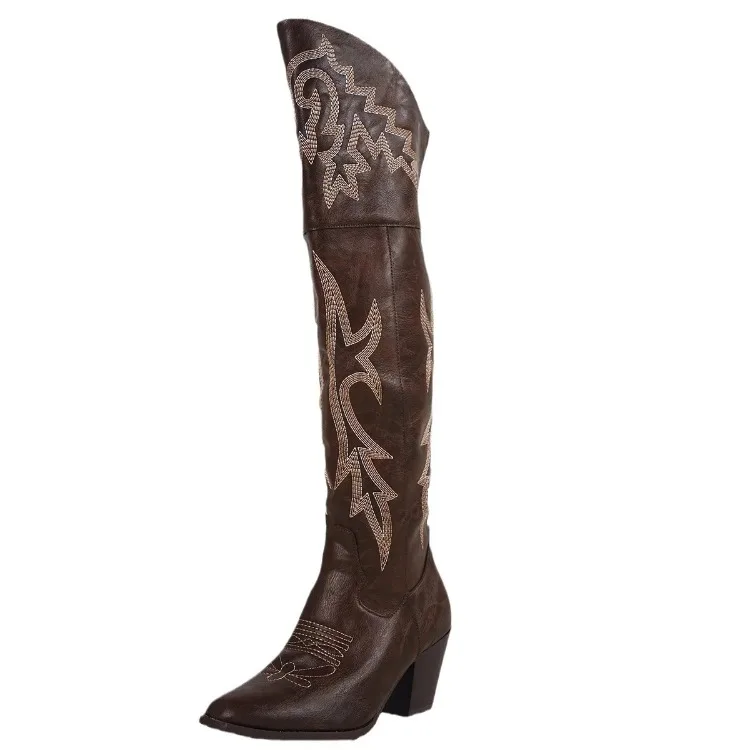 Knee High Boots Womens Shoes 2026 New Western Cowboy Knight Boots Over Knee Side Zipper Long Tube Boots Women Shoes High Heels