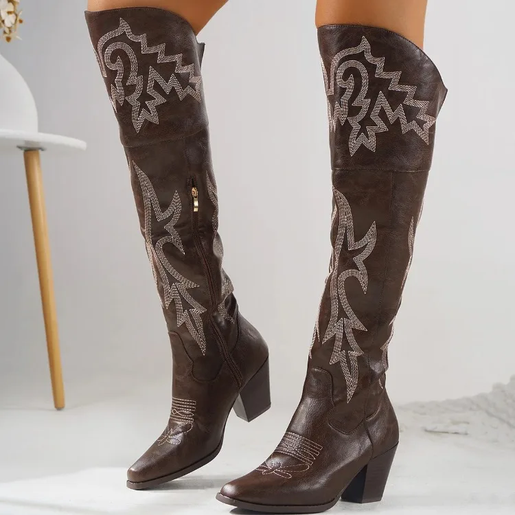 Knee High Boots Womens Shoes 2026 New Western Cowboy Knight Boots Over Knee Side Zipper Long Tube Boots Women Shoes High Heels