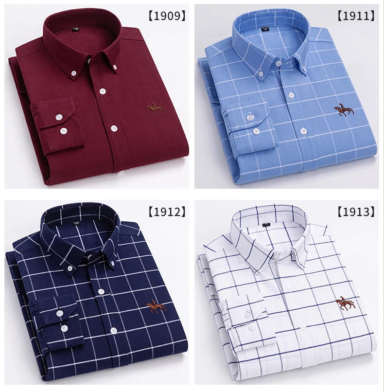 Plus Size 6XL 100% Cotton Korean Fashion Long-Sleeve Shirts for Men Slim Fit Formal Plain Shirt Striped Houndstooth Plaid Clothe