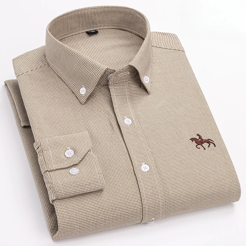 Plus Size 6XL 100% Cotton Korean Fashion Long-Sleeve Shirts for Men Slim Fit Formal Plain Shirt Striped Houndstooth Plaid Clothe