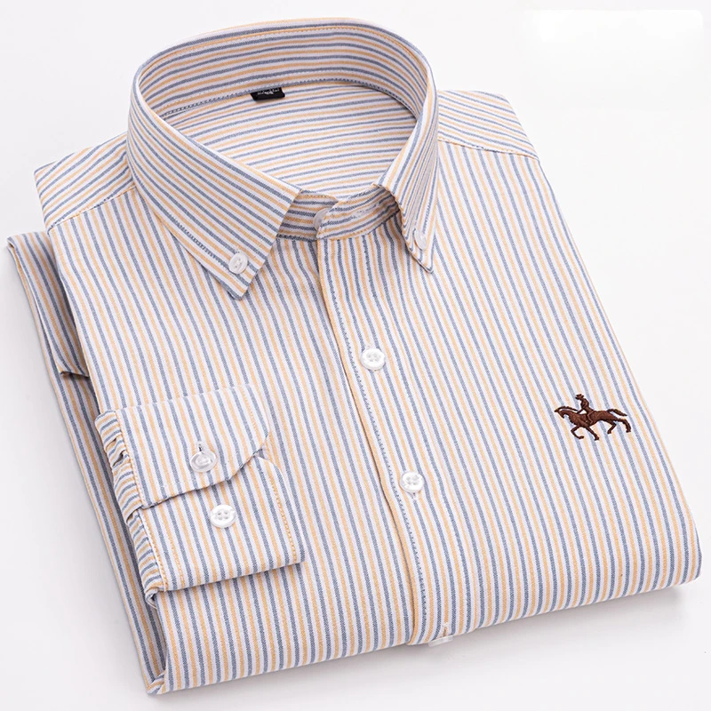Plus Size 6XL 100% Cotton Korean Fashion Long-Sleeve Shirts for Men Slim Fit Formal Plain Shirt Striped Houndstooth Plaid Clothe