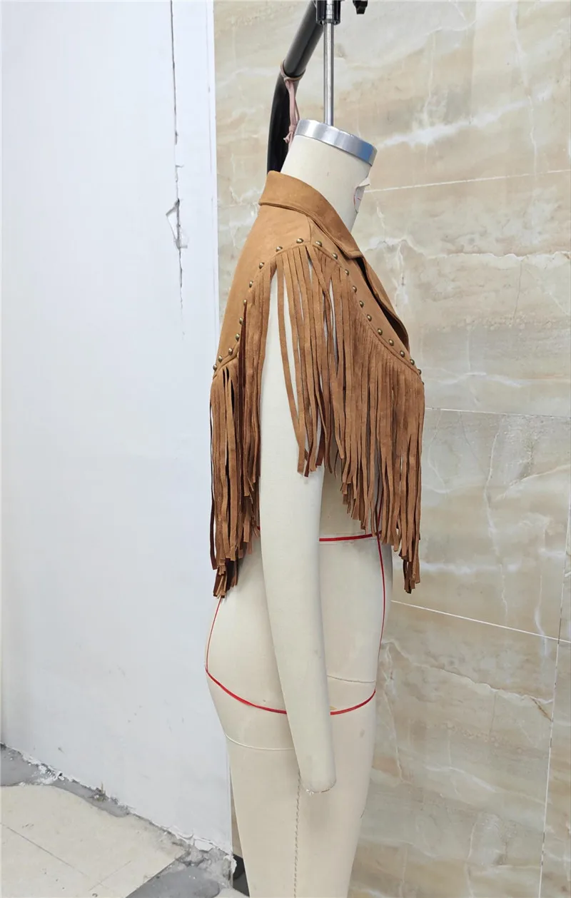 Women Western Cowboy Fringe Sleeveless Vest Suede Rivet Lapel Crop Waistcoat Brown Country Concert Festival Outerwear