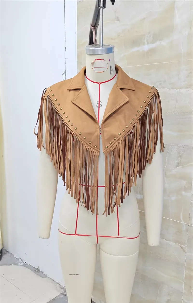 Women Western Cowboy Fringe Sleeveless Vest Suede Rivet Lapel Crop Waistcoat Brown Country Concert Festival Outerwear