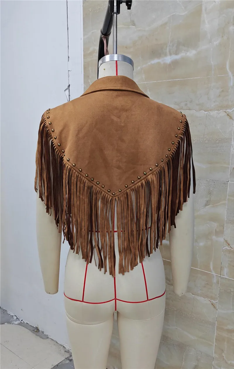 Women Western Cowboy Fringe Sleeveless Vest Suede Rivet Lapel Crop Waistcoat Brown Country Concert Festival Outerwear