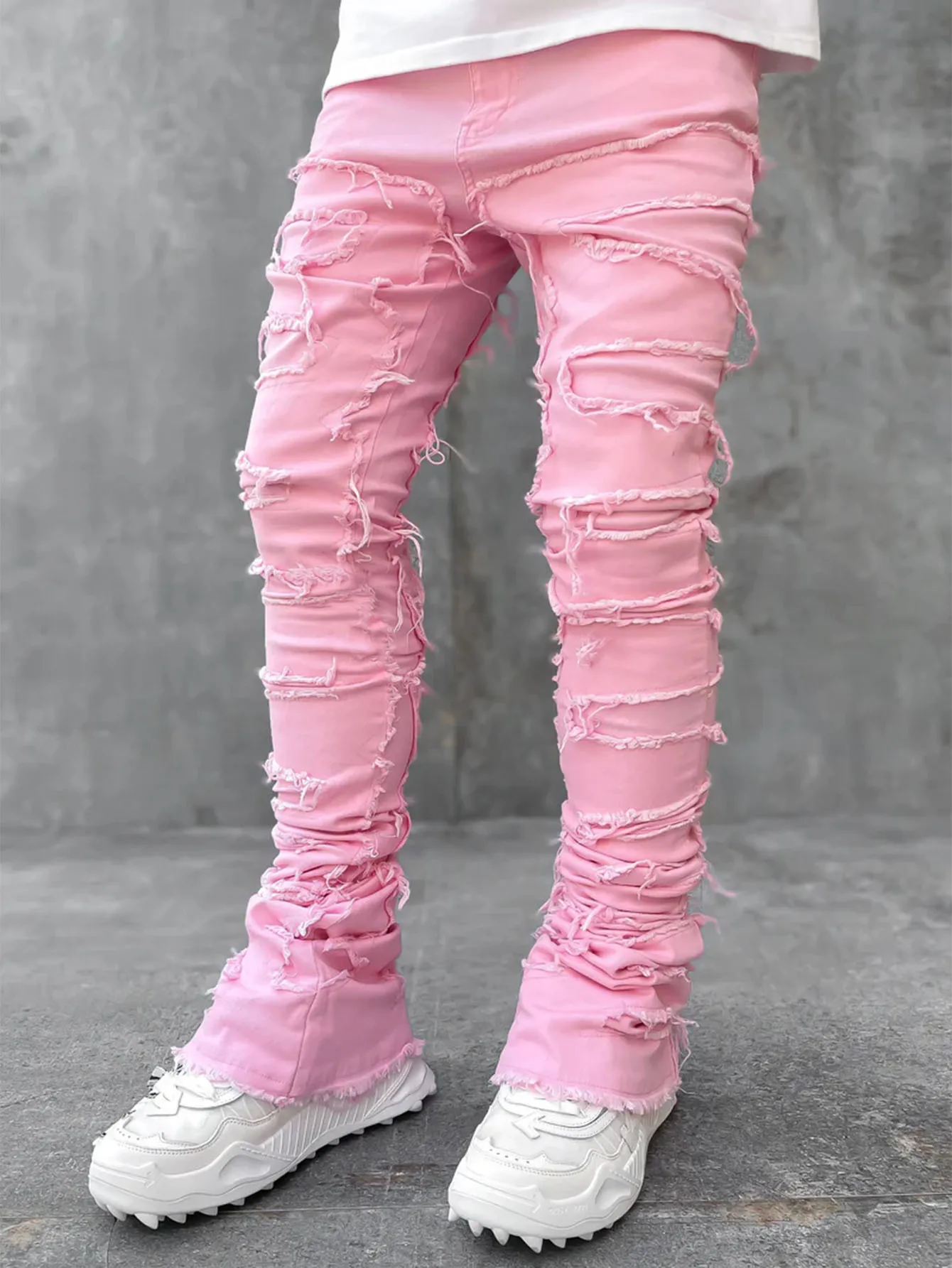 Punk Street Style Ripped Skinny Jeans Men Vintage Wash Solid Denim Trouser Mens Casual Slim Fit Pencil Denim Holes Pants 2024