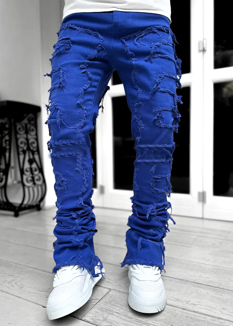 Punk Street Style Ripped Skinny Jeans Men Vintage Wash Solid Denim Trouser Mens Casual Slim Fit Pencil Denim Holes Pants 2024