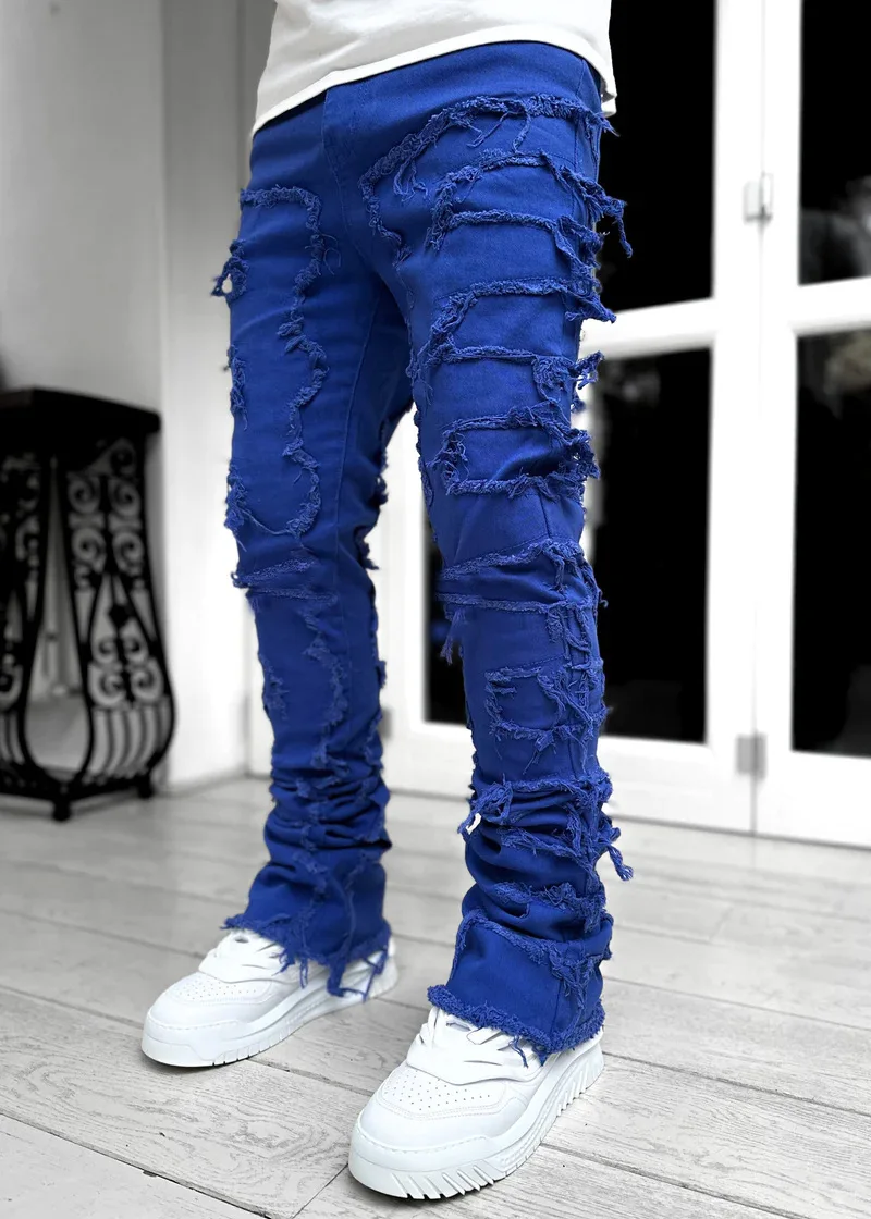 Punk Street Style Ripped Skinny Jeans Men Vintage Wash Solid Denim Trouser Mens Casual Slim Fit Pencil Denim Holes Pants 2024