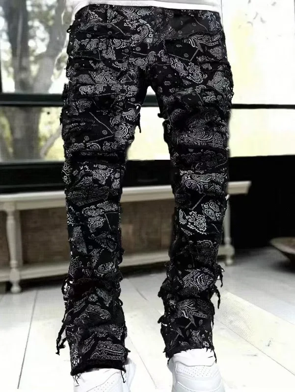 Punk Street Style Ripped Skinny Jeans Men Vintage Wash Solid Denim Trouser Mens Casual Slim Fit Pencil Denim Holes Pants 2024