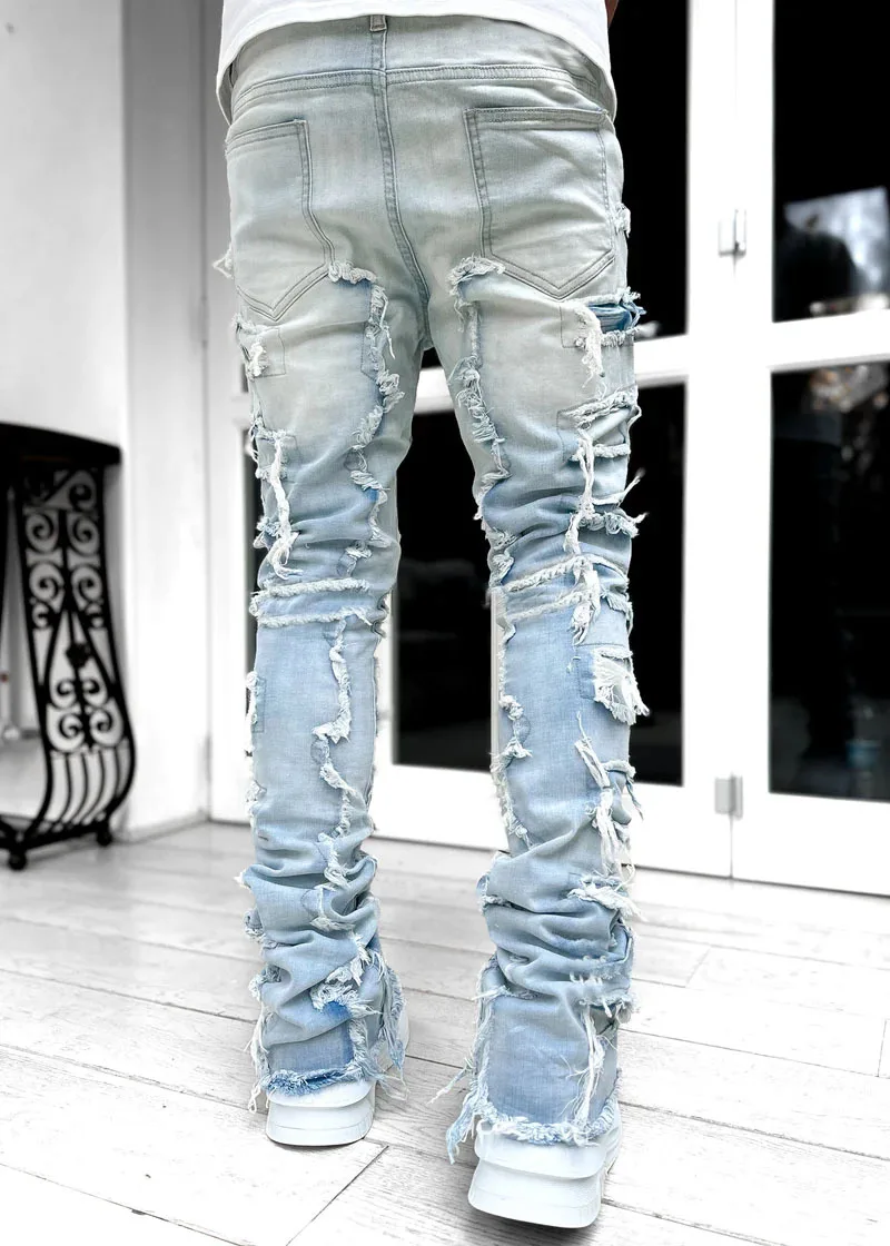 Punk Street Style Ripped Skinny Jeans Men Vintage Wash Solid Denim Trouser Mens Casual Slim Fit Pencil Denim Holes Pants 2024