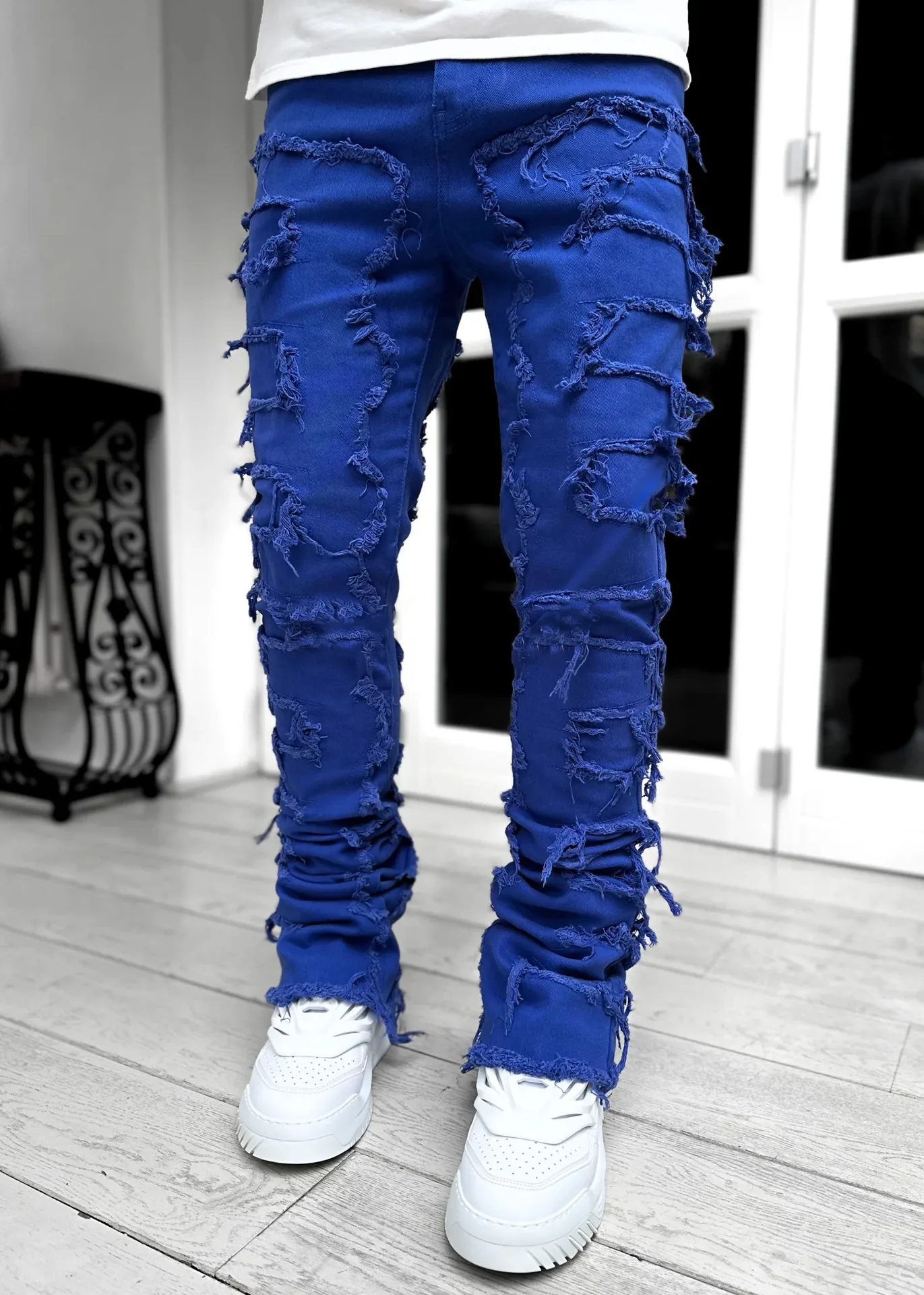 Punk Street Style Ripped Skinny Jeans Men Vintage Wash Solid Denim Trouser Mens Casual Slim Fit Pencil Denim Holes Pants 2024