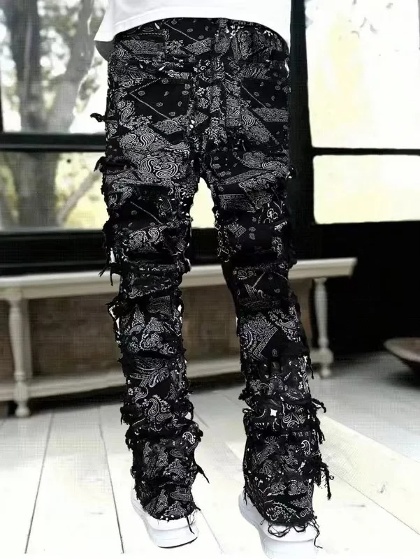 Punk Street Style Ripped Skinny Jeans Men Vintage Wash Solid Denim Trouser Mens Casual Slim Fit Pencil Denim Holes Pants 2024