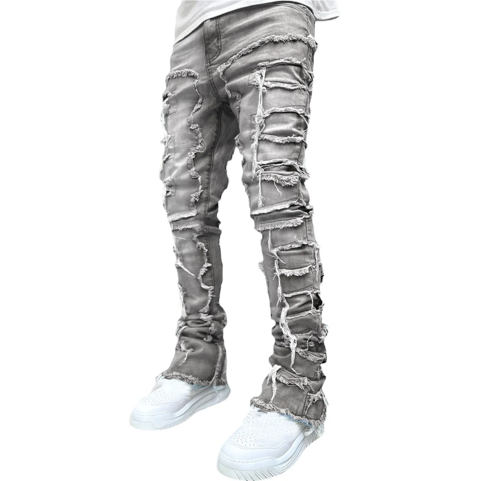 Punk Street Style Ripped Skinny Jeans Men Vintage Wash Solid Denim Trouser Mens Casual Slim Fit Pencil Denim Holes Pants 2024