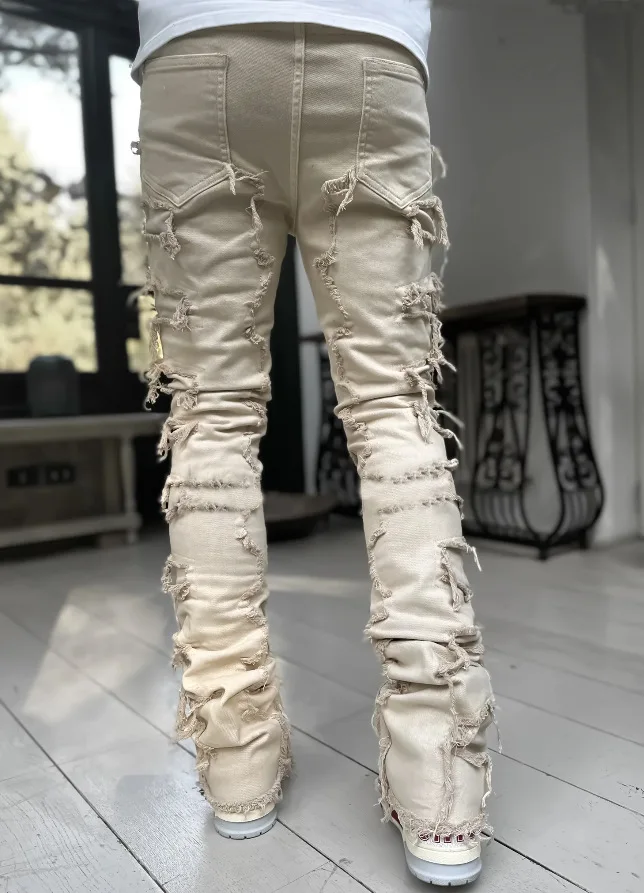 Punk Street Style Ripped Skinny Jeans Men Vintage Wash Solid Denim Trouser Mens Casual Slim Fit Pencil Denim Holes Pants 2024