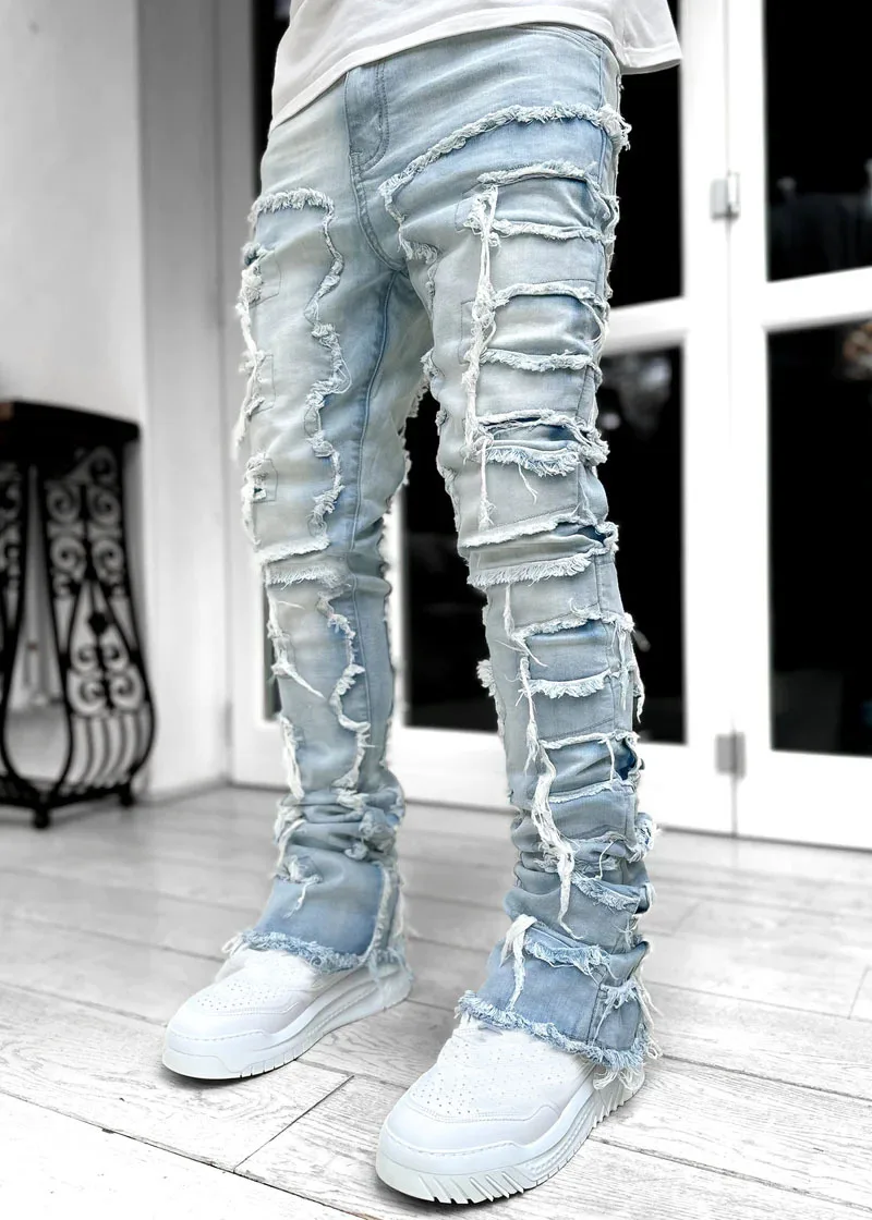 Punk Street Style Ripped Skinny Jeans Men Vintage Wash Solid Denim Trouser Mens Casual Slim Fit Pencil Denim Holes Pants 2024