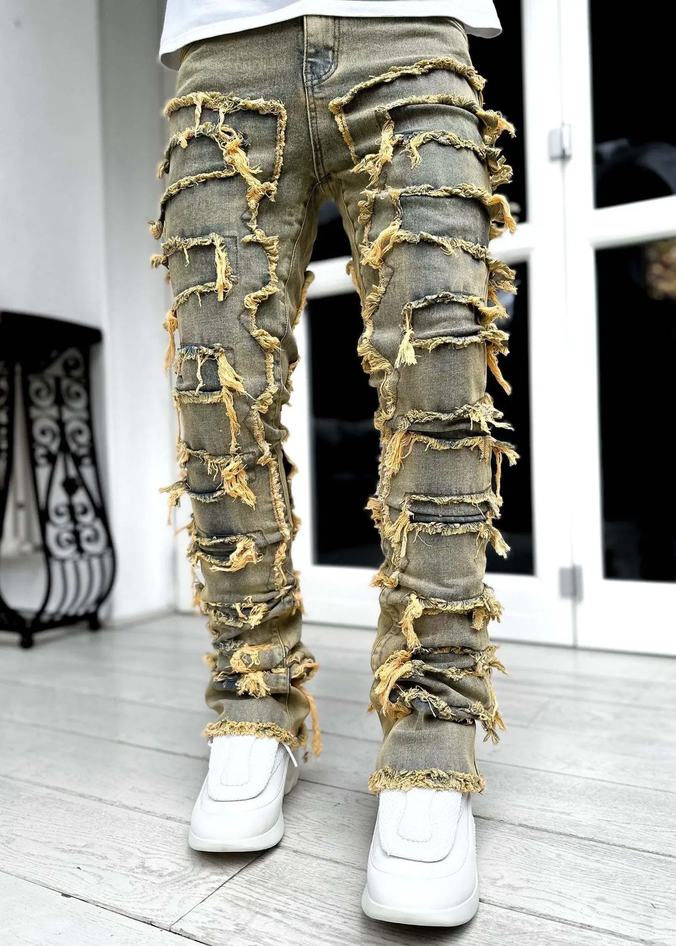 Punk Street Style Ripped Skinny Jeans Men Vintage Wash Solid Denim Trouser Mens Casual Slim Fit Pencil Denim Holes Pants 2024