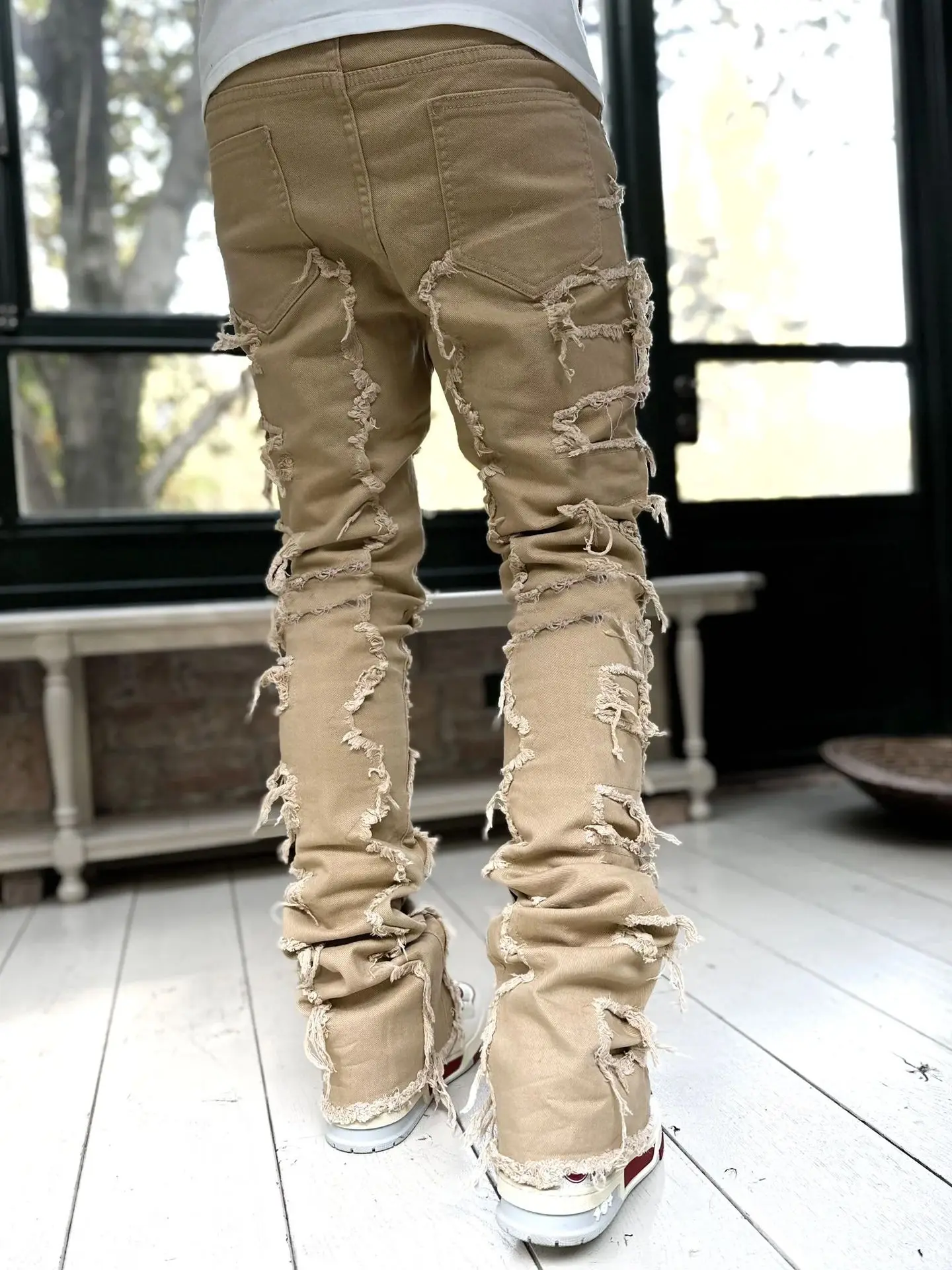 Punk Street Style Ripped Skinny Jeans Men Vintage Wash Solid Denim Trouser Mens Casual Slim Fit Pencil Denim Holes Pants 2024