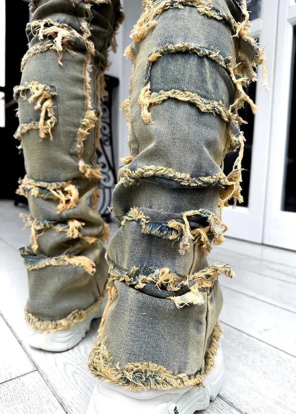 Punk Street Style Ripped Skinny Jeans Men Vintage Wash Solid Denim Trouser Mens Casual Slim Fit Pencil Denim Holes Pants 2024