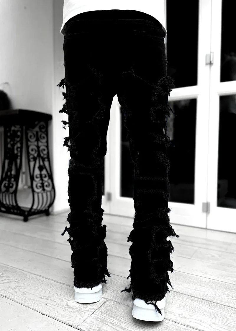 Punk Street Style Ripped Skinny Jeans Men Vintage Wash Solid Denim Trouser Mens Casual Slim Fit Pencil Denim Holes Pants 2024