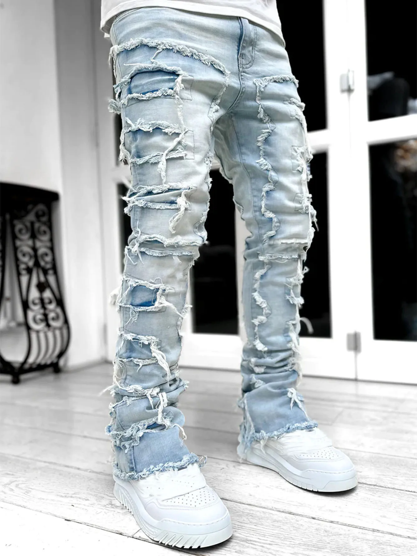 Punk Street Style Ripped Skinny Jeans Men Vintage Wash Solid Denim Trouser Mens Casual Slim Fit Pencil Denim Holes Pants 2024