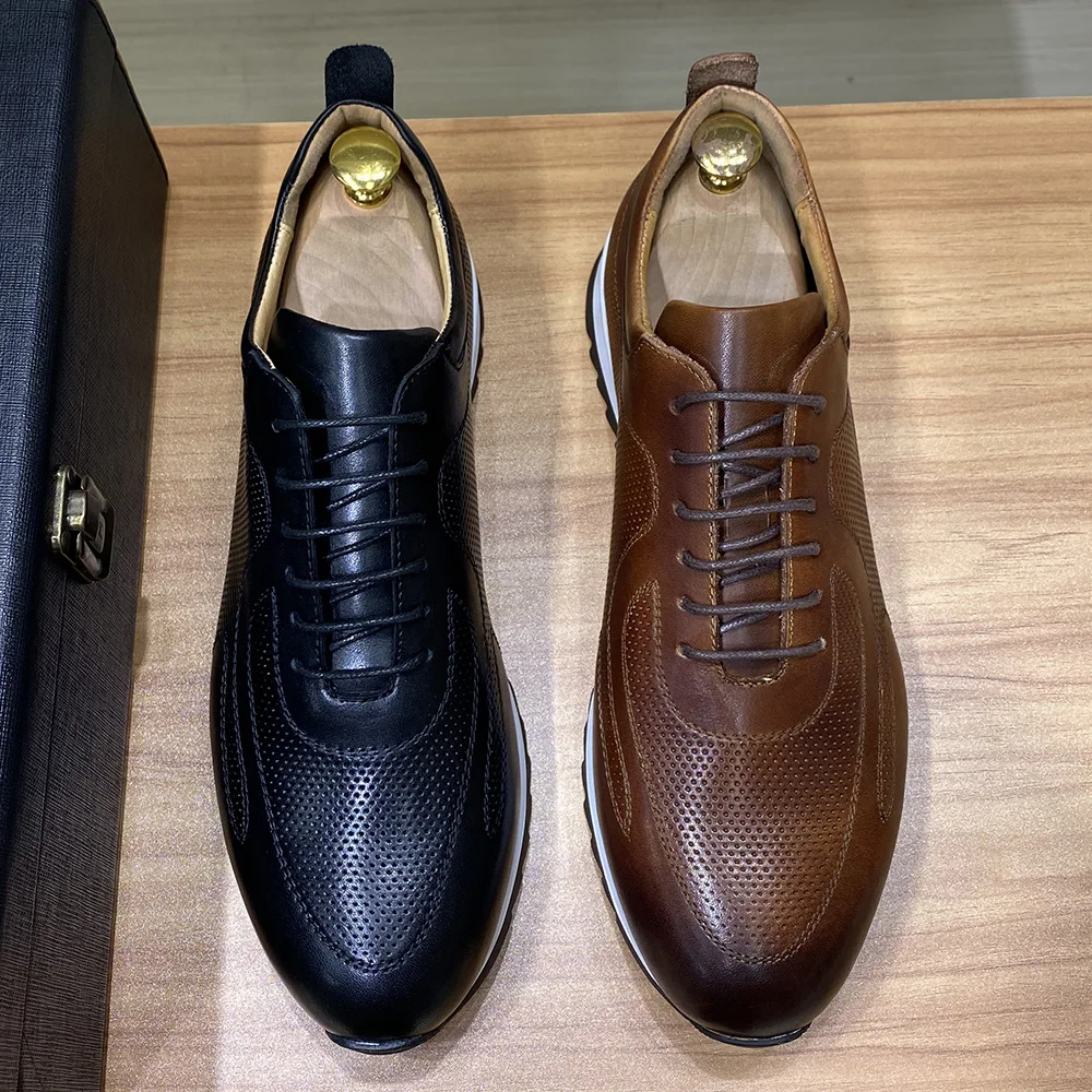Luxury Mens Genuine Leather Sneakers Lace-Up Comfortable Oxford Classic Casual Shoes for Men Outdoor Street Travel Flat Footwear