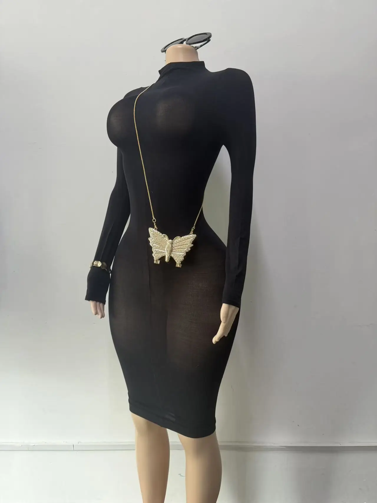Joskaa Women Black Bodycon Midi Dress Sexy Turtleneck Long Sleeve Slim Fit See Through Pencil Dresses Nightclub Party Outfits