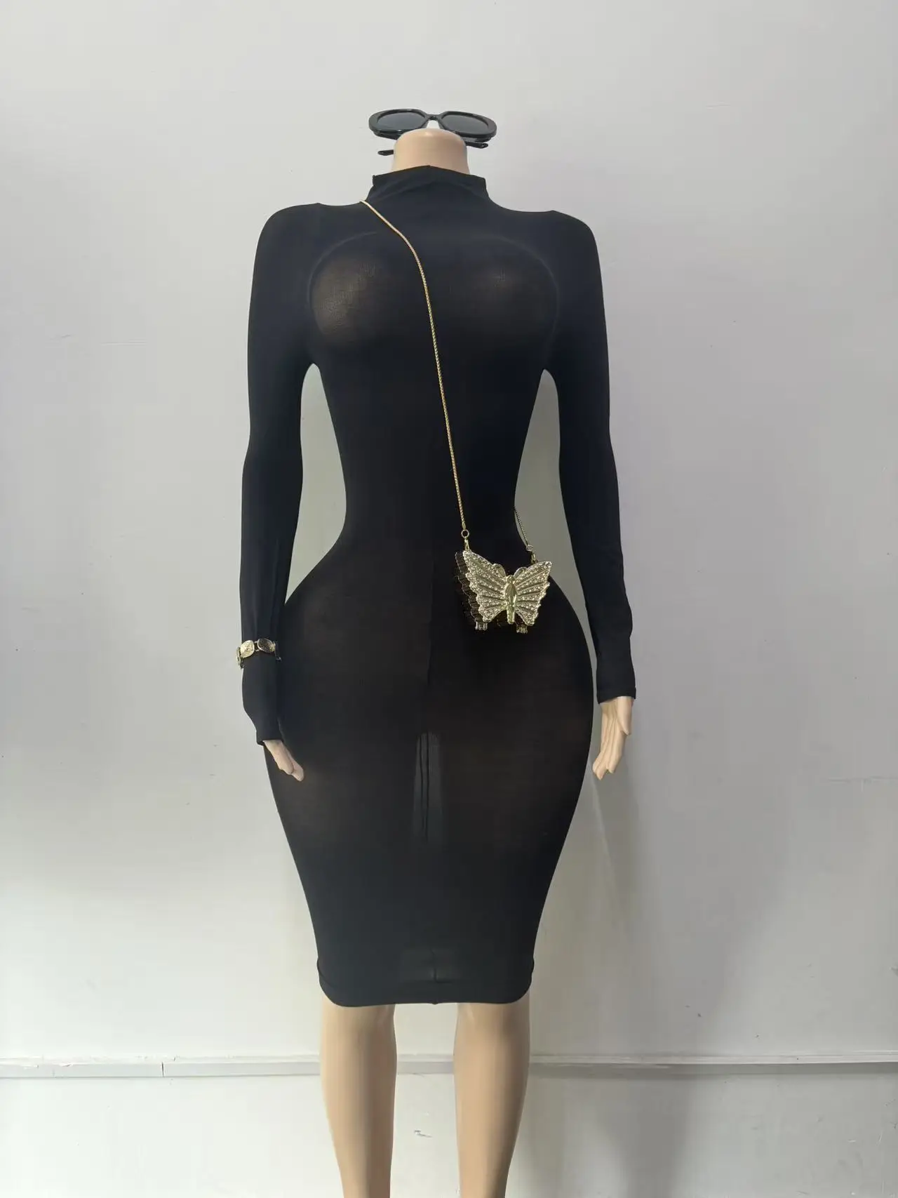 Joskaa Women Black Bodycon Midi Dress Sexy Turtleneck Long Sleeve Slim Fit See Through Pencil Dresses Nightclub Party Outfits