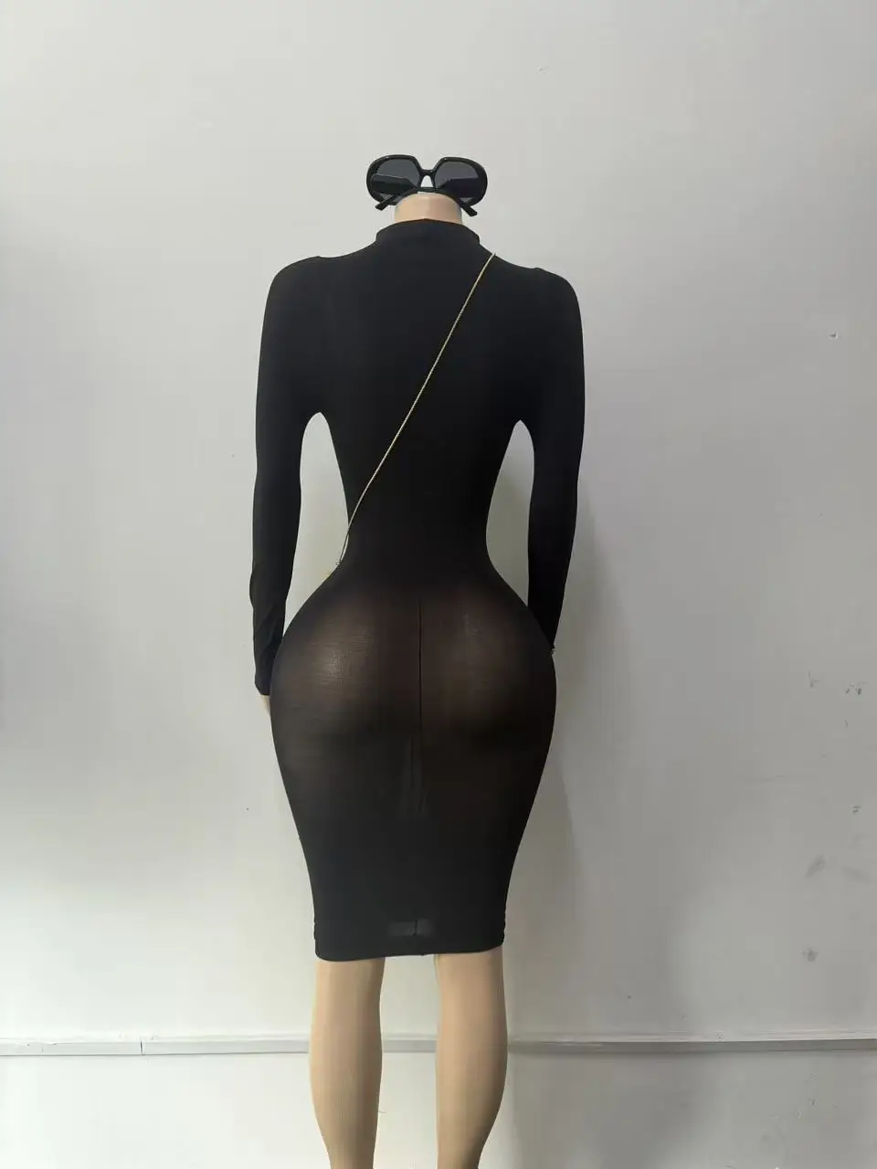 Joskaa Women Black Bodycon Midi Dress Sexy Turtleneck Long Sleeve Slim Fit See Through Pencil Dresses Nightclub Party Outfits