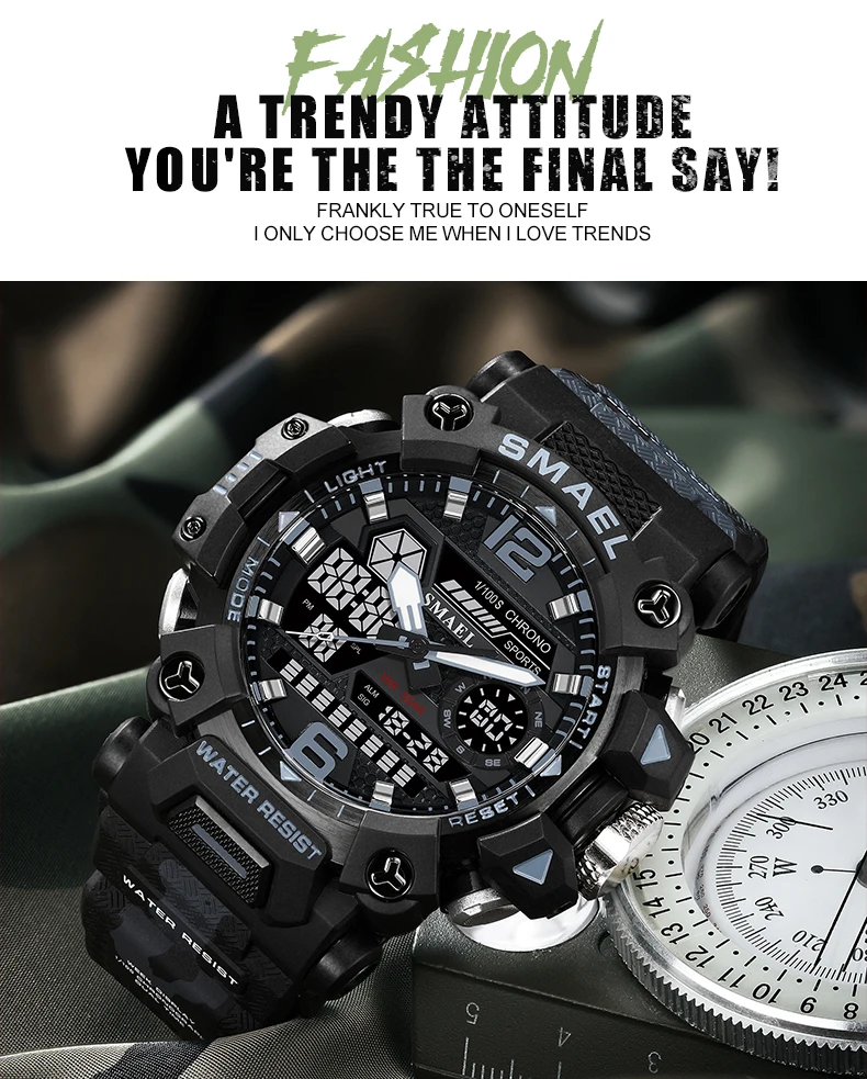 SMAEL 8072 Men's Analog Digital Dual Display Sport Watch - 50M Waterproof LED Backlight Alarm Stopwatch Chronograph Dual Time Zo