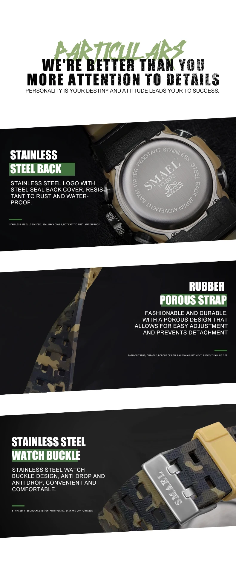SMAEL 8072 Men's Analog Digital Dual Display Sport Watch - 50M Waterproof LED Backlight Alarm Stopwatch Chronograph Dual Time Zo