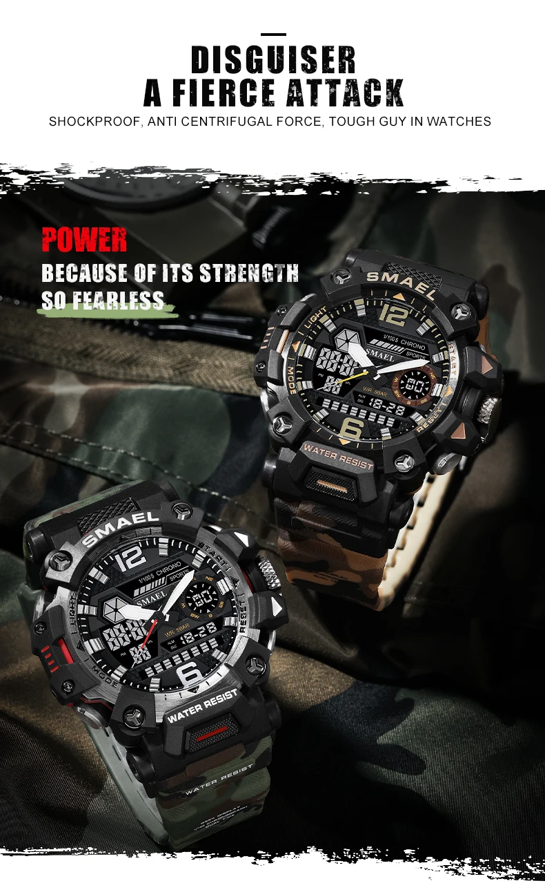 SMAEL 8072 Men's Analog Digital Dual Display Sport Watch - 50M Waterproof LED Backlight Alarm Stopwatch Chronograph Dual Time Zo