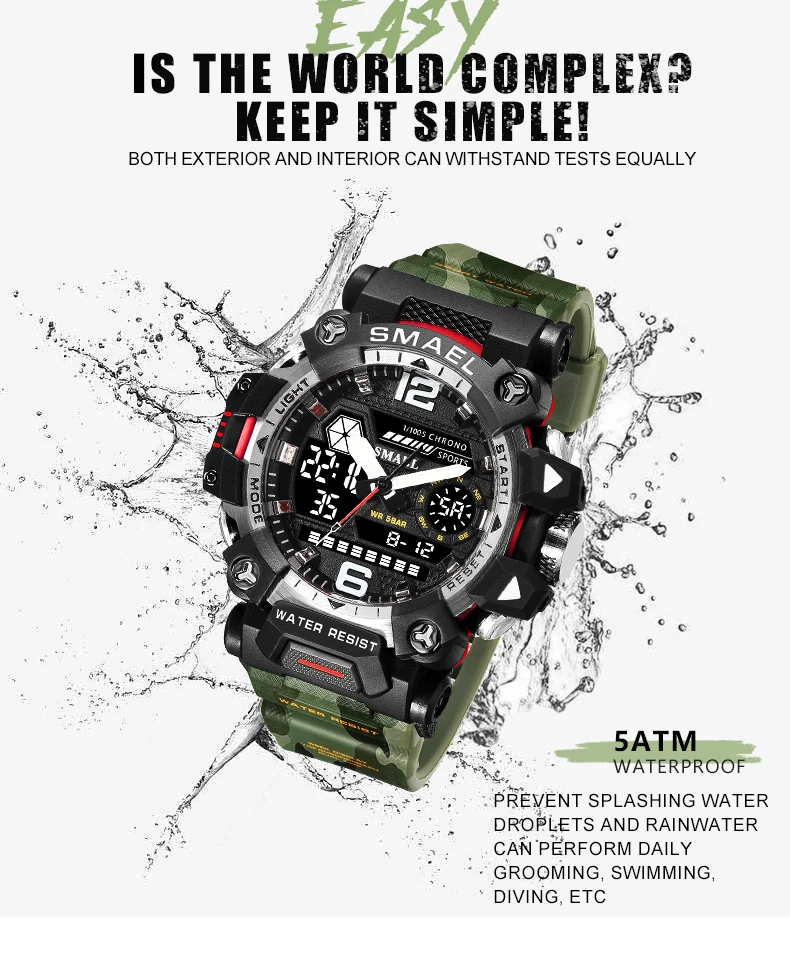 SMAEL 8072 Men's Analog Digital Dual Display Sport Watch - 50M Waterproof LED Backlight Alarm Stopwatch Chronograph Dual Time Zo