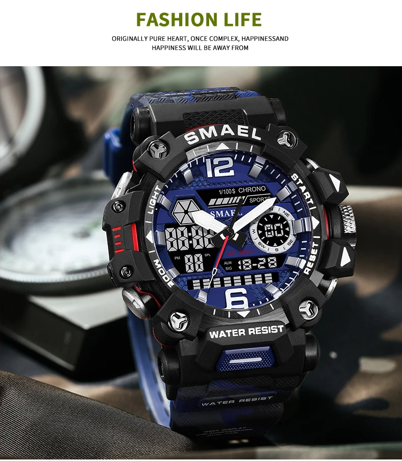 SMAEL 8072 Men's Analog Digital Dual Display Sport Watch - 50M Waterproof LED Backlight Alarm Stopwatch Chronograph Dual Time Zo