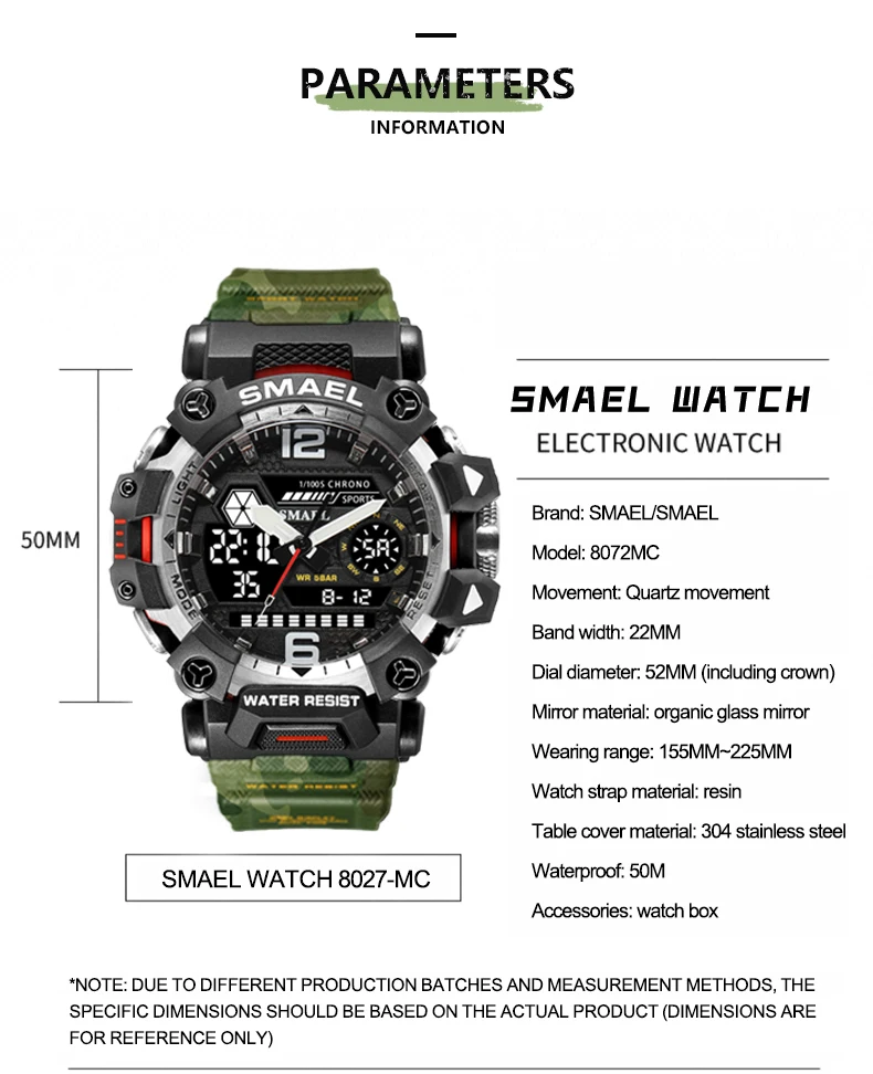 SMAEL 8072 Men's Analog Digital Dual Display Sport Watch - 50M Waterproof LED Backlight Alarm Stopwatch Chronograph Dual Time Zo