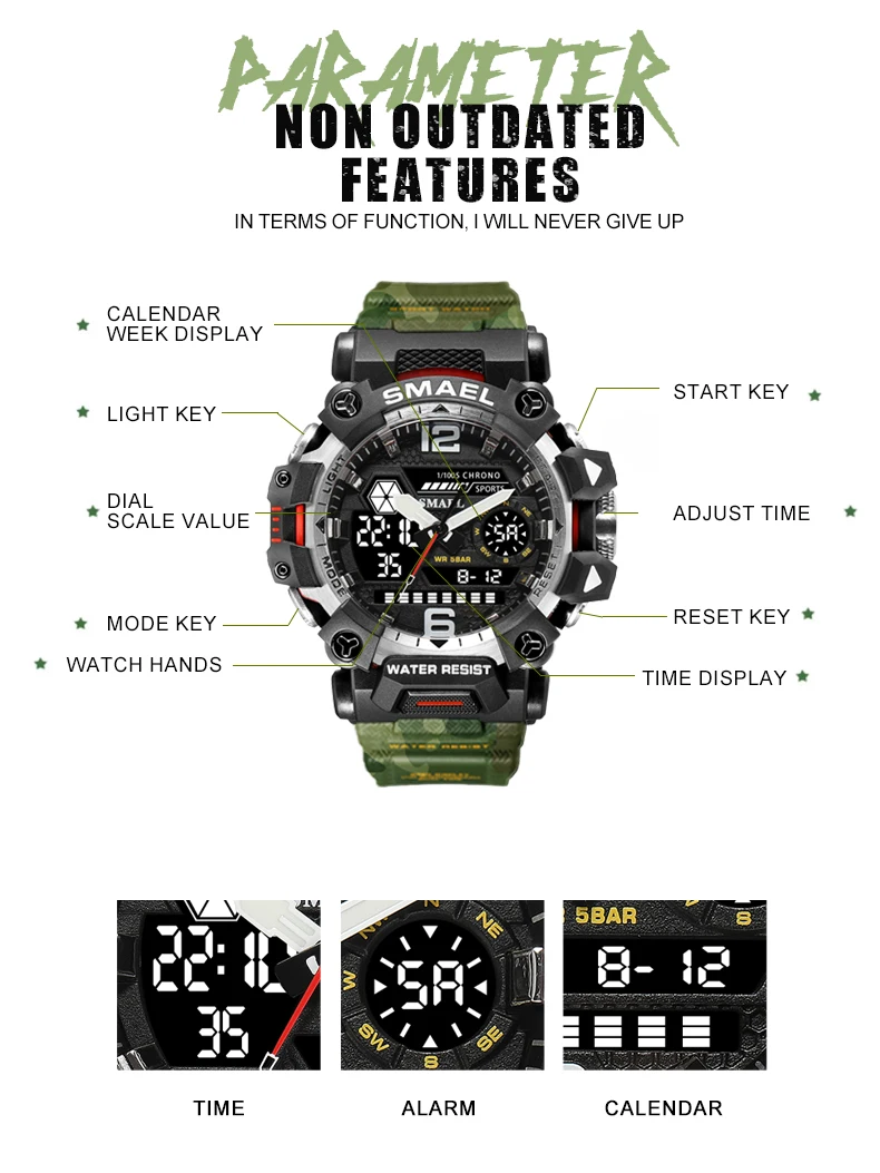 SMAEL 8072 Men's Analog Digital Dual Display Sport Watch - 50M Waterproof LED Backlight Alarm Stopwatch Chronograph Dual Time Zo