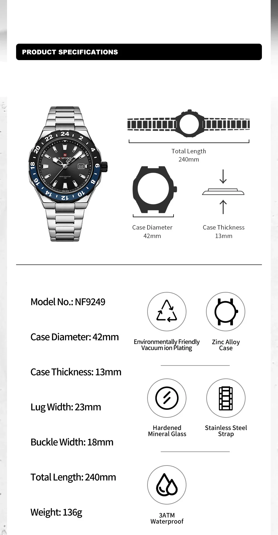NAVIFORCE  Luxury Sports Quartz Clock Luminous Calendar Watches for Man Stainless Steel Waterproof Wristwatch Relogio Masculino