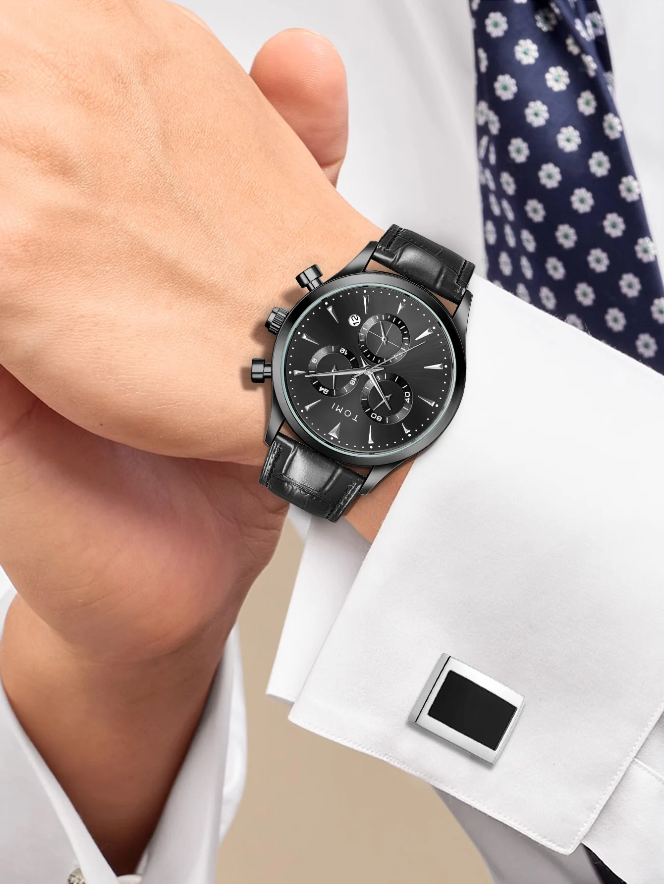 TOMI 4PCS Set Luxury Business Men's Quartz Watch Casual Fashion Versatile Watch Men's Cufflinks Tie Clip Watch Festival Gift