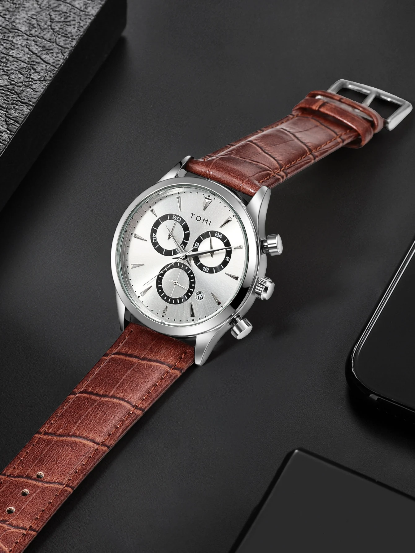 TOMI 4PCS Set Luxury Business Men's Quartz Watch Casual Fashion Versatile Watch Men's Cufflinks Tie Clip Watch Festival Gift